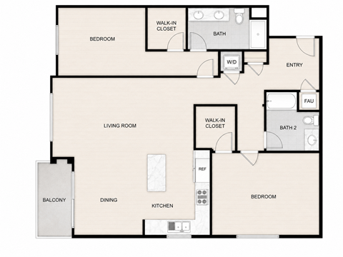 Floor plan for 2 beds, 2 baths, 1429 sqft